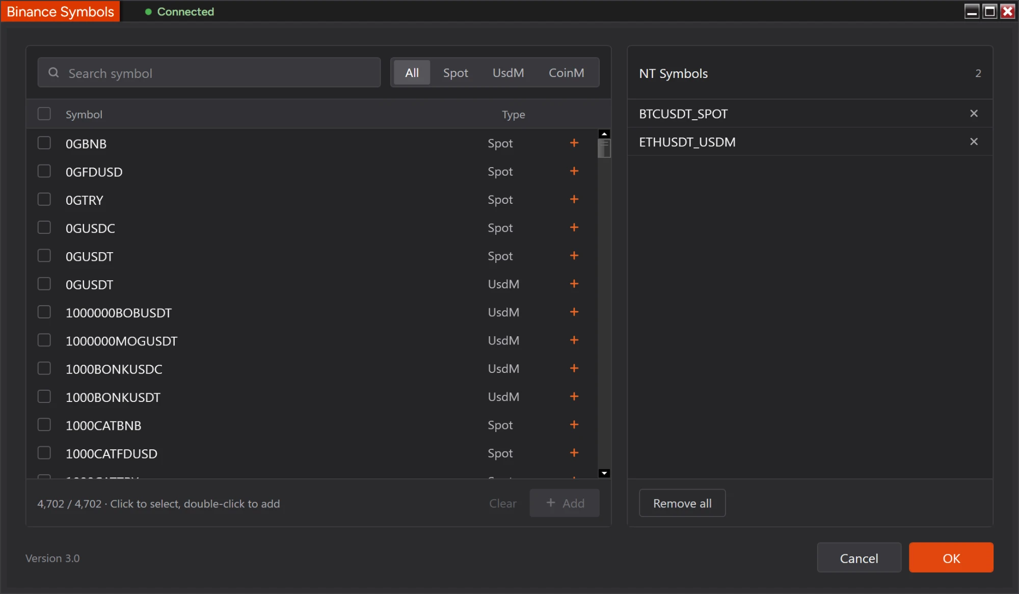 Binance Symbols window with every Binance symbol and the ones added to NinjaTrader